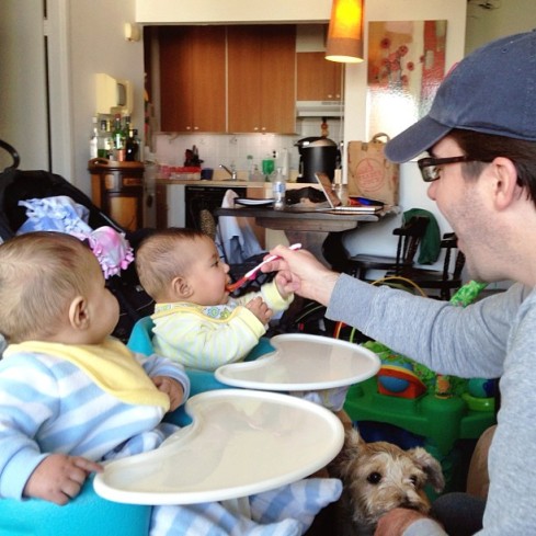 At five months old, adventures in solid foods are under way. Last week we started with baby oatmeal; this week it's squash and carrots. Julianne mastered spoon feeding right out of the gate. Henry is now starting to catch on, too.