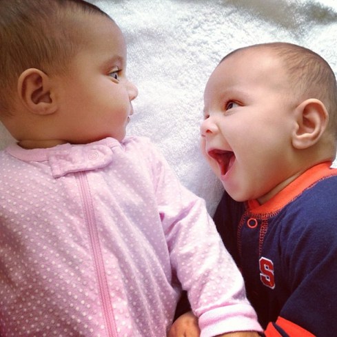 Ta da! The most-liked photo from the twins' fourth month. This is when Julianne and Henry were really becoming aware of each other for the first time, and Henry was feeling pretty excited about it all. ;)